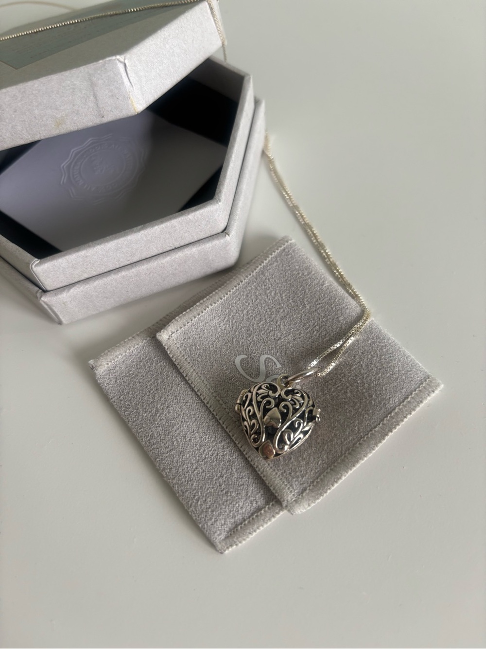 Sage Silver Filigree Heart Locket Necklace